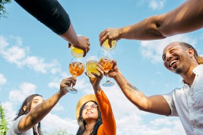 Mitarbeiter stoßen gemeinsam auf einem Sommerfest an